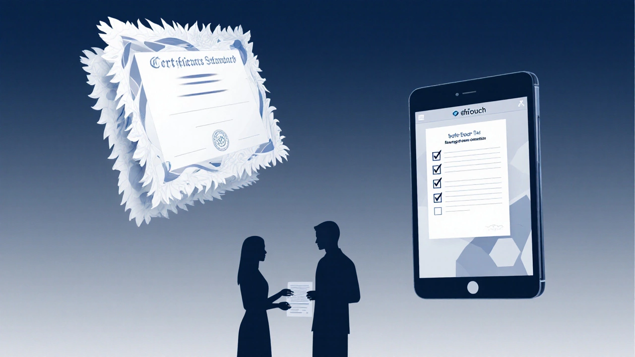 Certifikát a etický kodex na zdi, masér přebírá dotazník od spokojeného klienta.