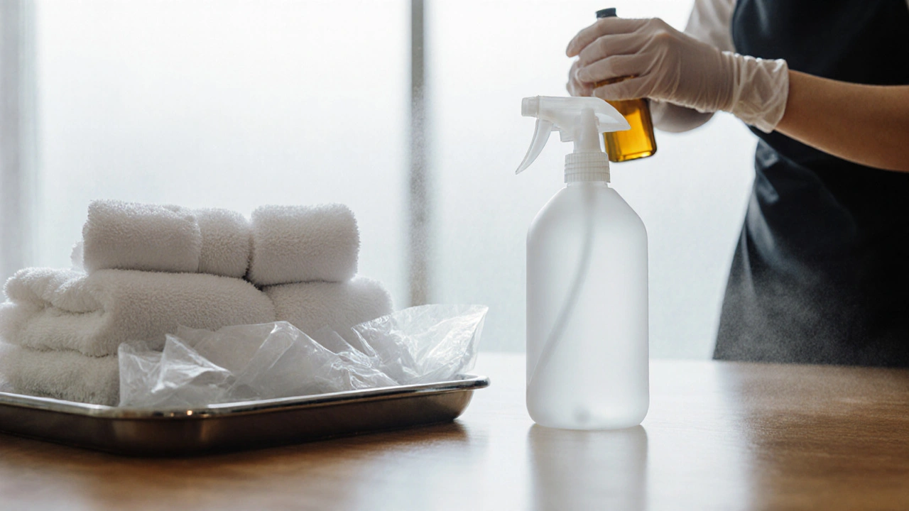 Čisté ručníky, jednorázové přikrývky a dezinfekční sprej zdůrazňují vysokou hygienu v salonu.