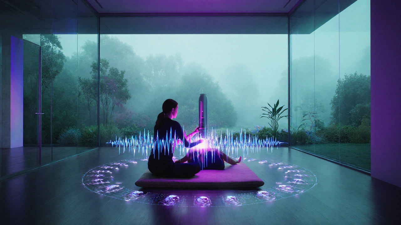 Moderní wellness studio, terapeut používá holografické zvukové vlny, kolem klienta pulzuje světlo.