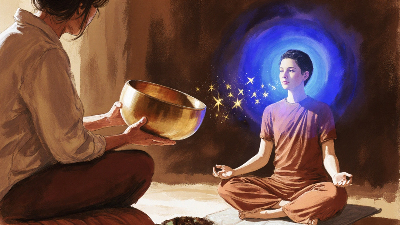 Terapeut hraje tibetskou mísu, klient zpívá &quot;aaah&quot;, z krku vyzařuje modrá aura 5. čakry.