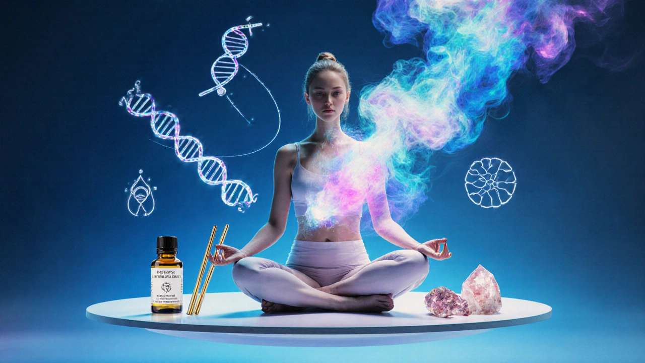 Žena v lotosové pozici, obklopená hologramy DNA a multibarevným aromatickým mlhem.