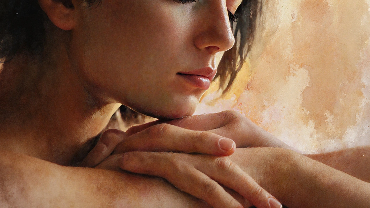 Dvě ruce jsou spojeny, jedna drží druhou, tichý okamžik spojení bez slov, jen dech a dotek.