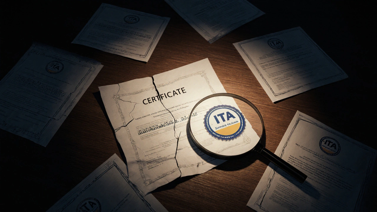 Falešný certifikát vedle svítícího digitálního ověřovacího badge s logem ITA.