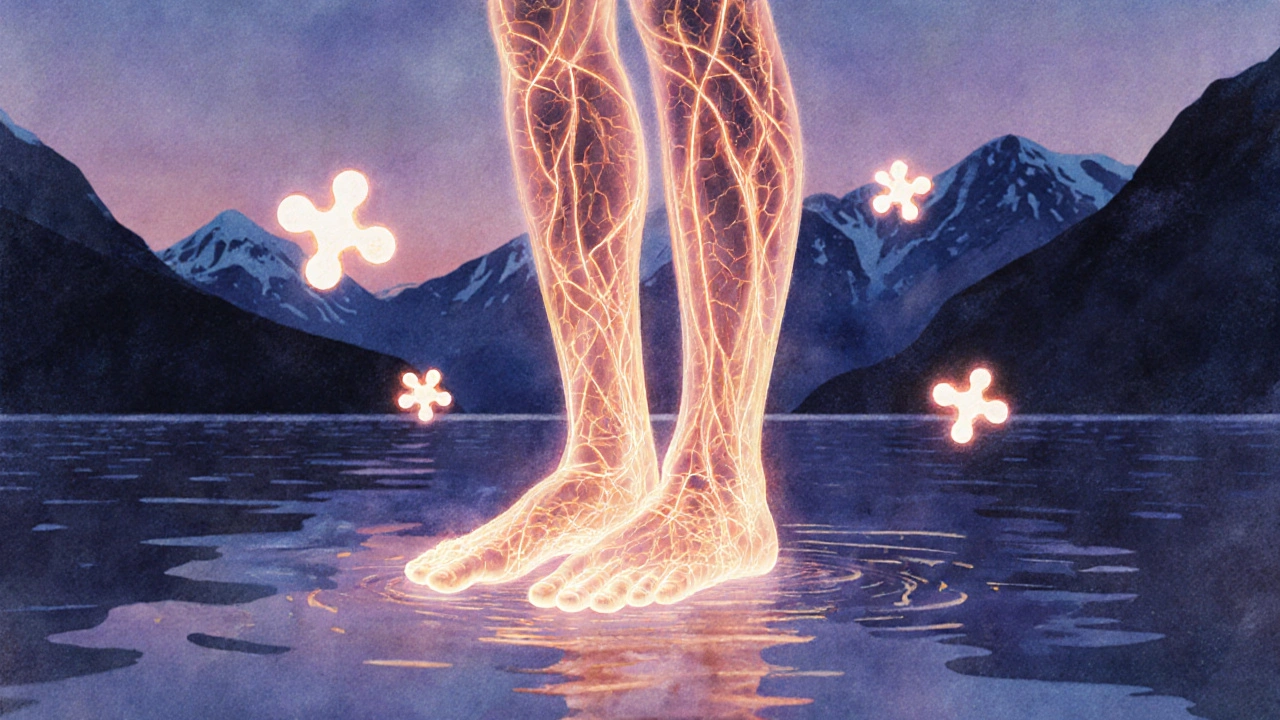 Kresba lidského těla s svítícími cévami a molekulami hormonů, vyjadřující obnovu vitality.