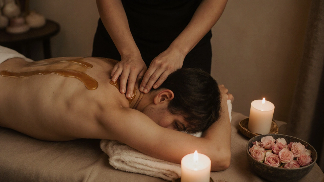 Masér provádí jemné pohyby olejem na pažích a krku studenta, tělo je pokryto teplým světlem a přírodními texturami.