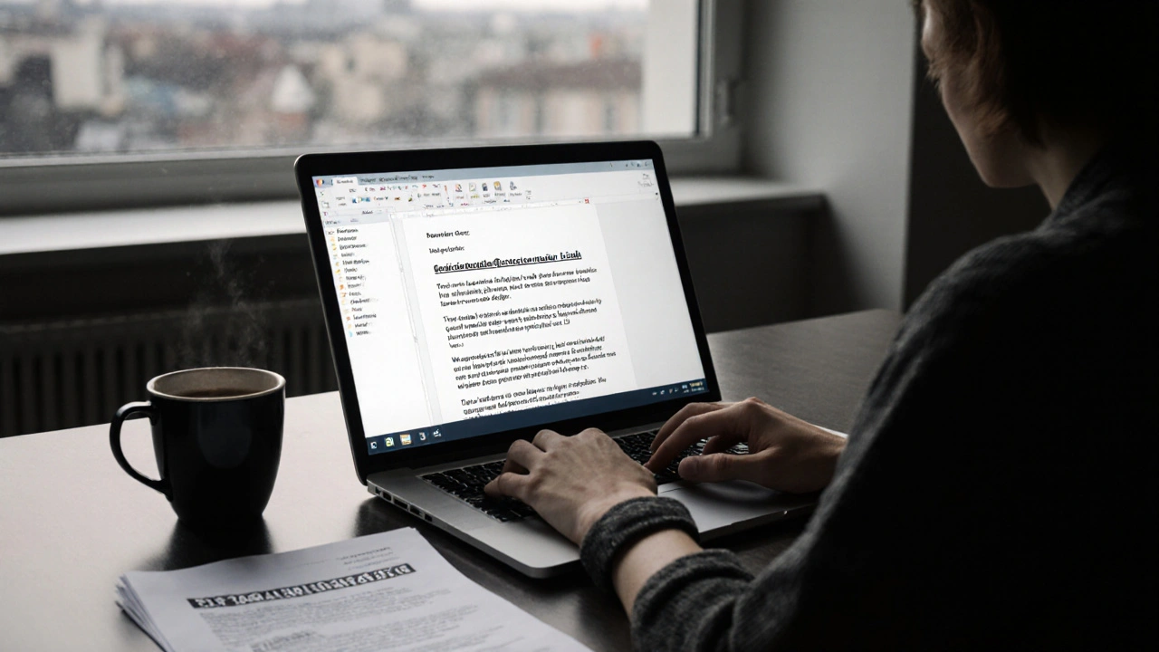 Osoba píše stížnost na počítači, vedle ní leží etický kódex masérů a káva.