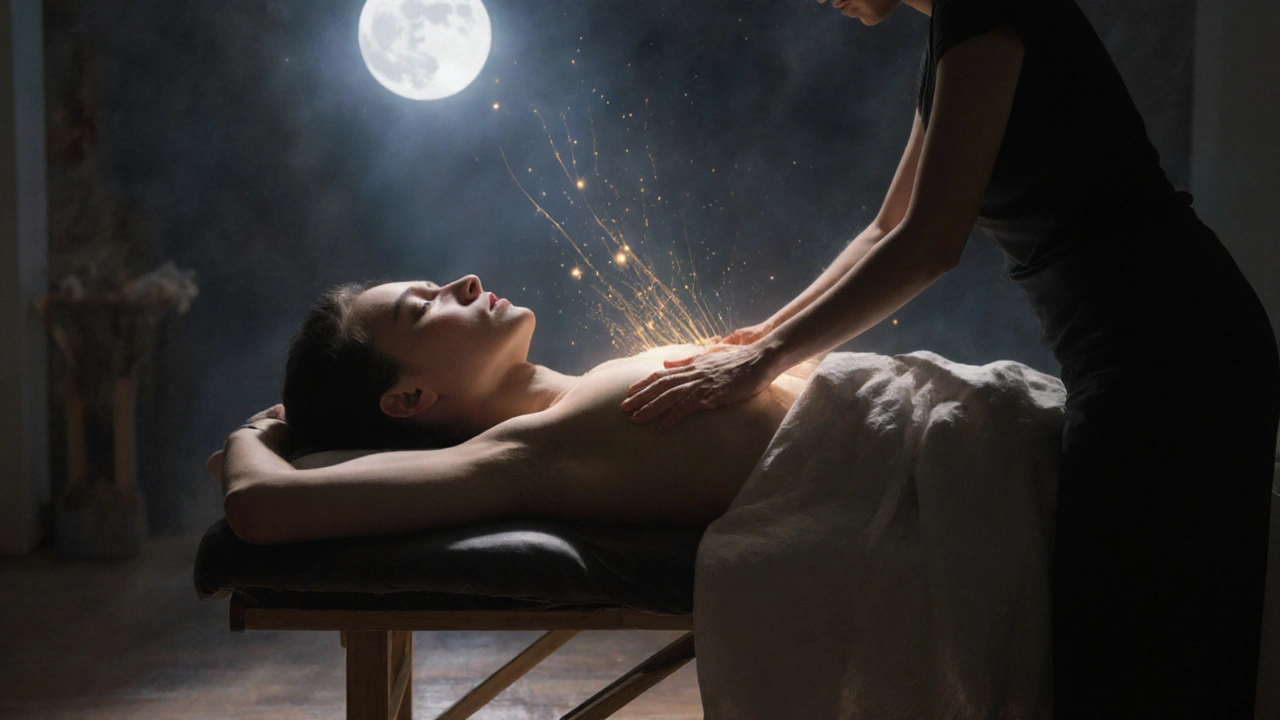 Osoba po masáži klidně leží, ruce masérky na břiše a hrudi, viditelná energetická spojení.