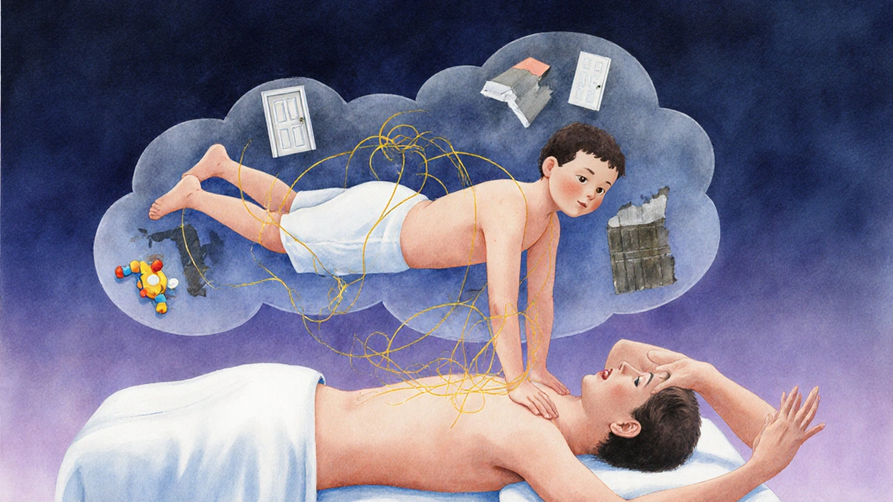 Představa emocionálního uvolnění během tantrické masáže, s průhlednými vzpomínkami kolem těla.