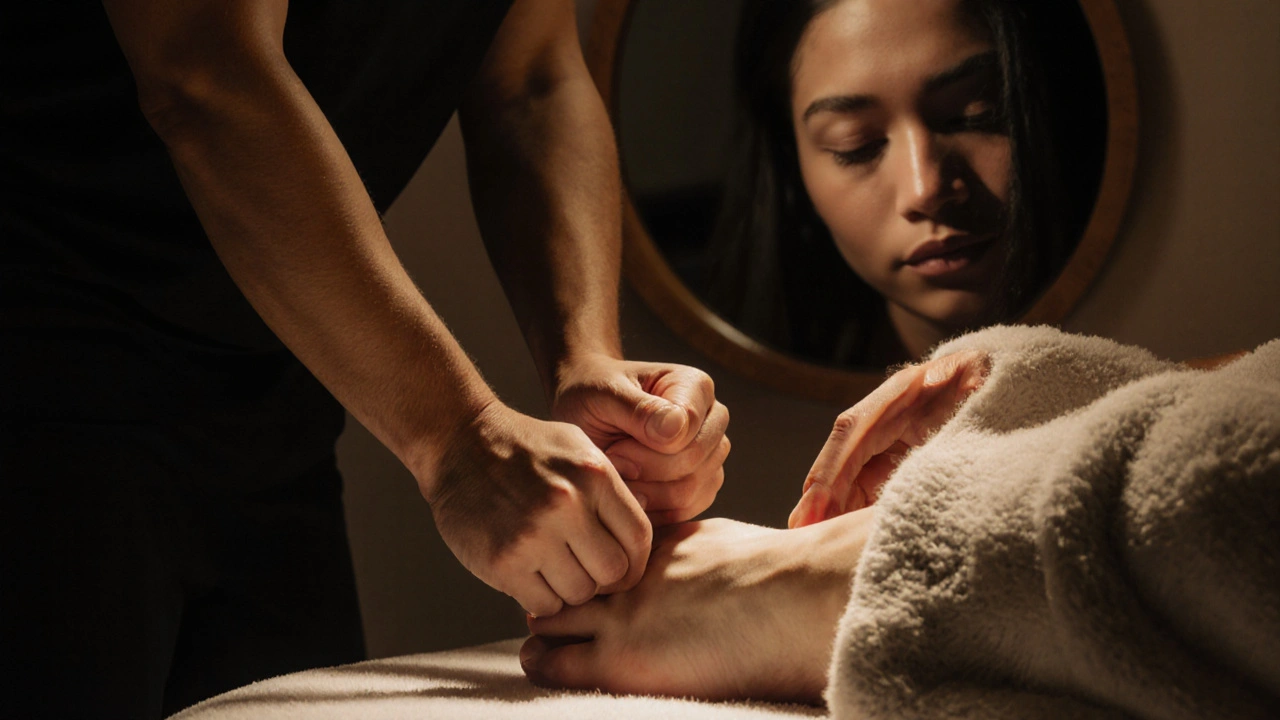Ruce terapeuta a klienta se dotýkají na chodidlech, symbolizující návrat do přítomnosti.