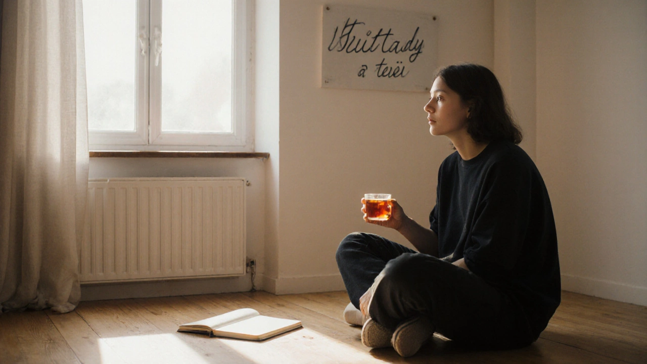 Student po masáži drží šálek čaje a mírně zírá ven z okna, klidná atmosféra a tichý odpočinek.