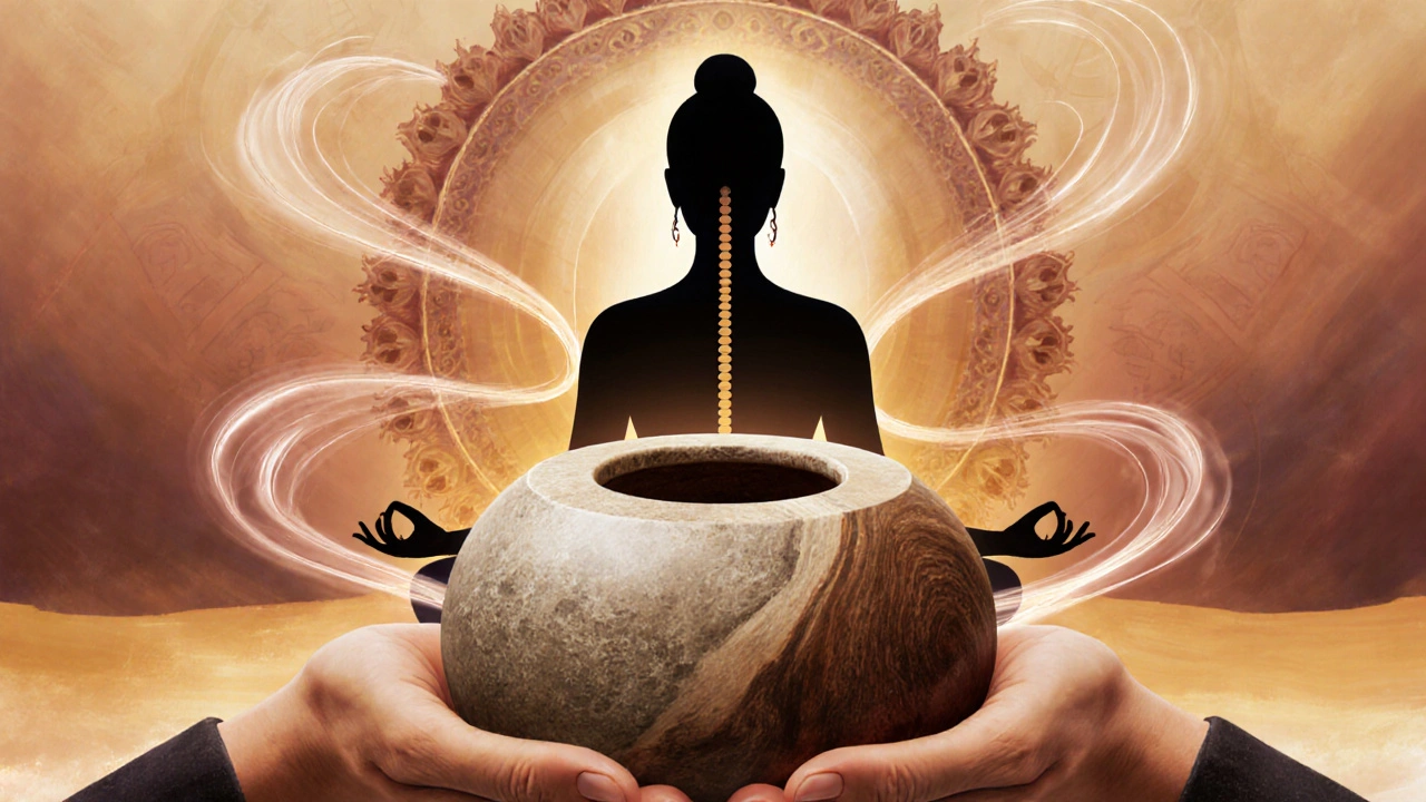 Symbolický obraz yoni jako kamenné nádoby v rukou, obklopený energetickými čarami a meditující ženou.