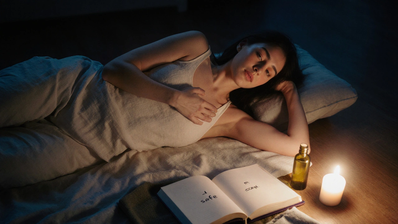 Žena leží na posteli, ruka na srdci a stehně, svíčka a deník na zemi — klidný okamžik sebeobjevení.