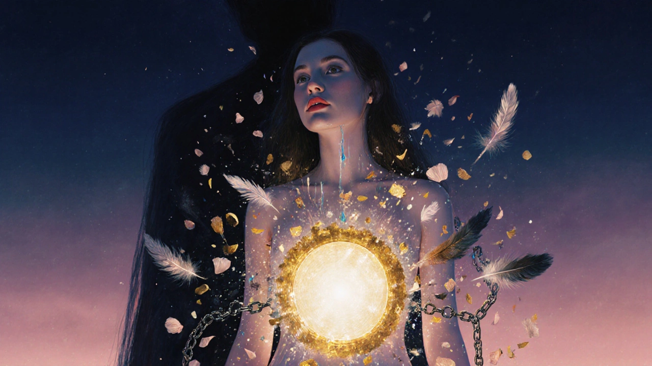 Zlatý portal z pánve ženy se rozpadá na kousky řetězů, kapesníků a květin, symbolizující osvobození od potlačených emocí.