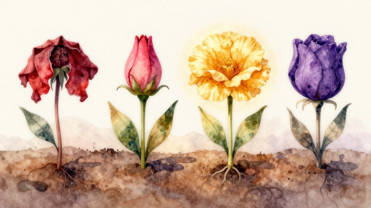 Čtyři fáze menstruačního cyklu znázorněné jako květy rostoucí z jednoho kmene.