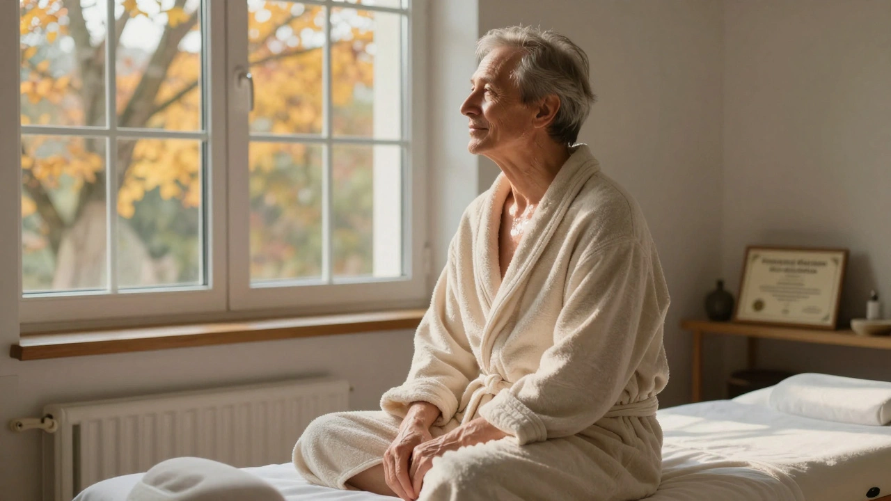 Muž po masáži sedí v plášti, dívá se z okna s klidným výrazem, symbolizující vnitřní uvolnění.