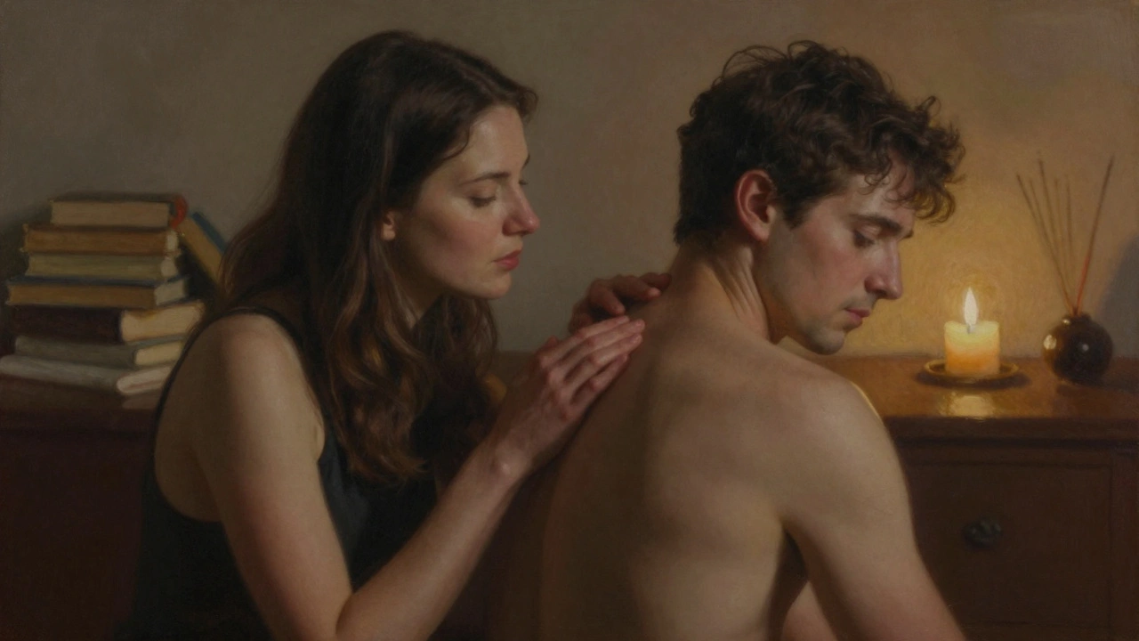 Pár v klidné atmosféře, kde se muž soustředí na dech, partnerka ho dotýká jemně.