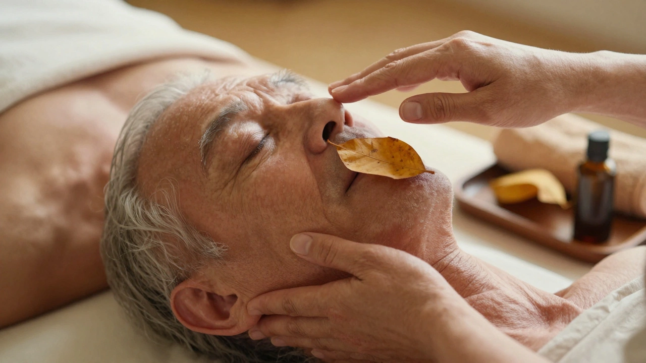 Ruce terapeuty provádějí techniku &#039;Padající listí&#039; na těle staršího muže s nejmenším možným tlakem.