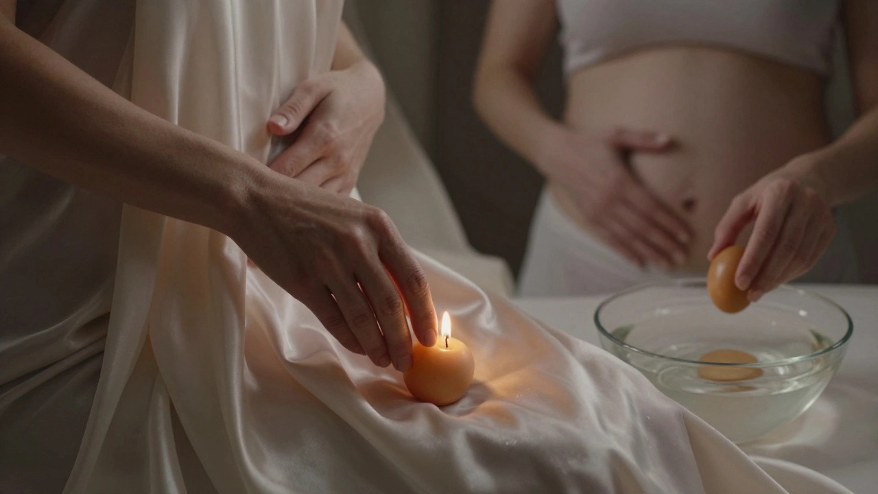 Ruka vkládá yoni vajíčko během ovulace, v pozadí symbolické přechody mezi fázemi.