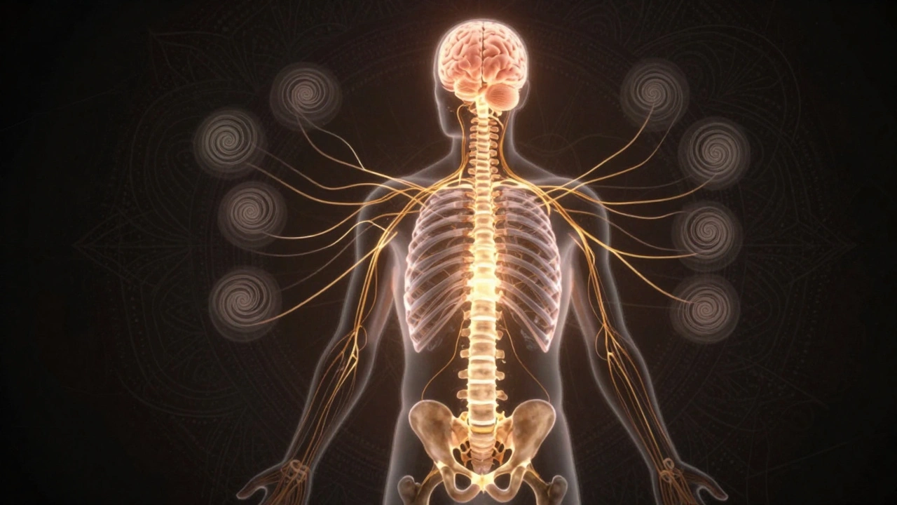 Symbolický obraz mužského těla s energií proudící z pánve k mozku, spojené s dechem.