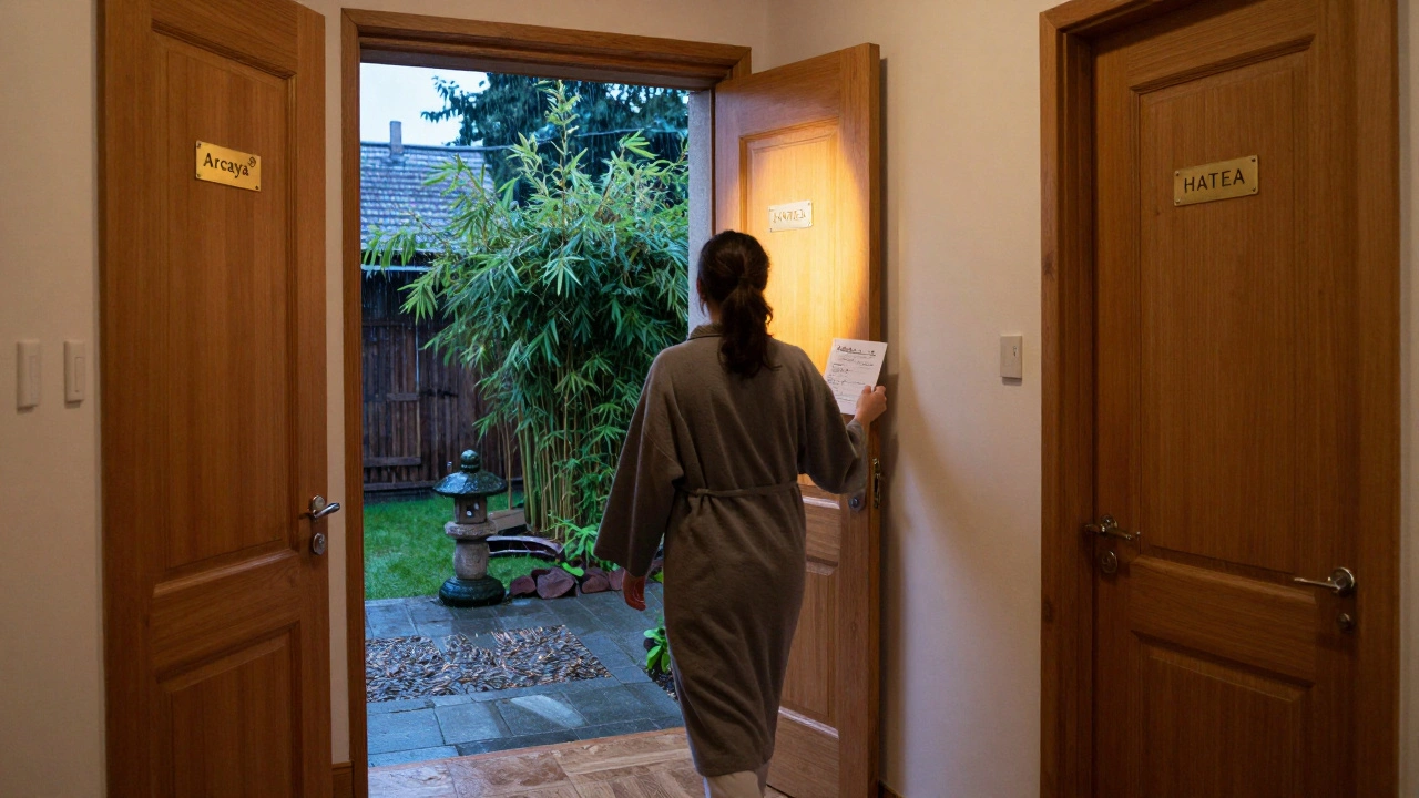 Tichý chodba tantrického centra s označenými dveřmi, klient se připravuje na sezení v klidném, bezpečném prostředí.