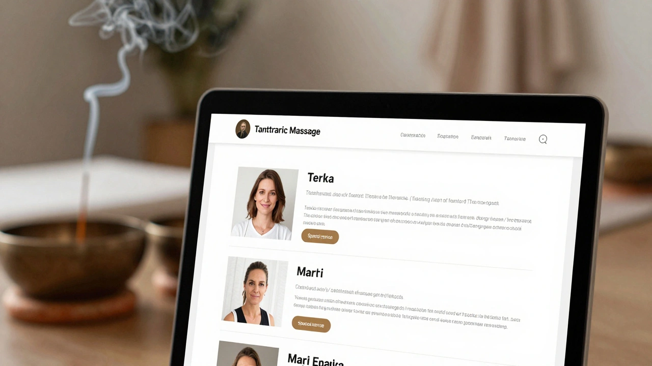 Webová stránka autentického tantrického salonu s jmény masérů, certifikacemi a podrobným popisem metody.