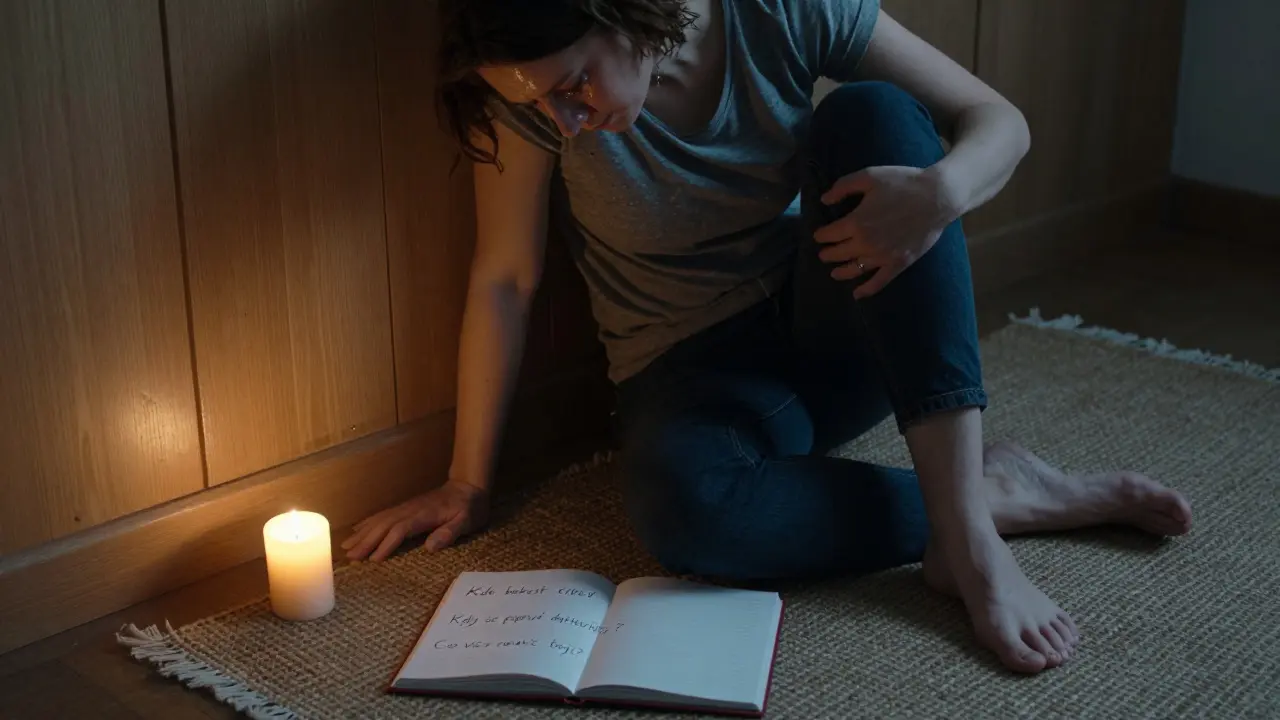 Žena sedí na koberečku, ruka na zemi, pláče tiše, ale klidně — znak uvolnění po seanci tantrické masáže.