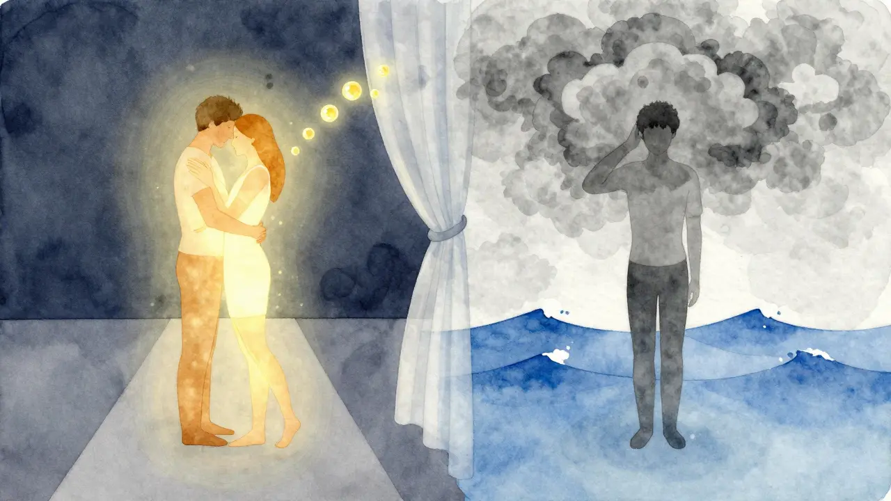 Konceptuálna ilustrácia: párová masáž s oxytocínom a individuálna s ústupom stresu, oddelené závesom.