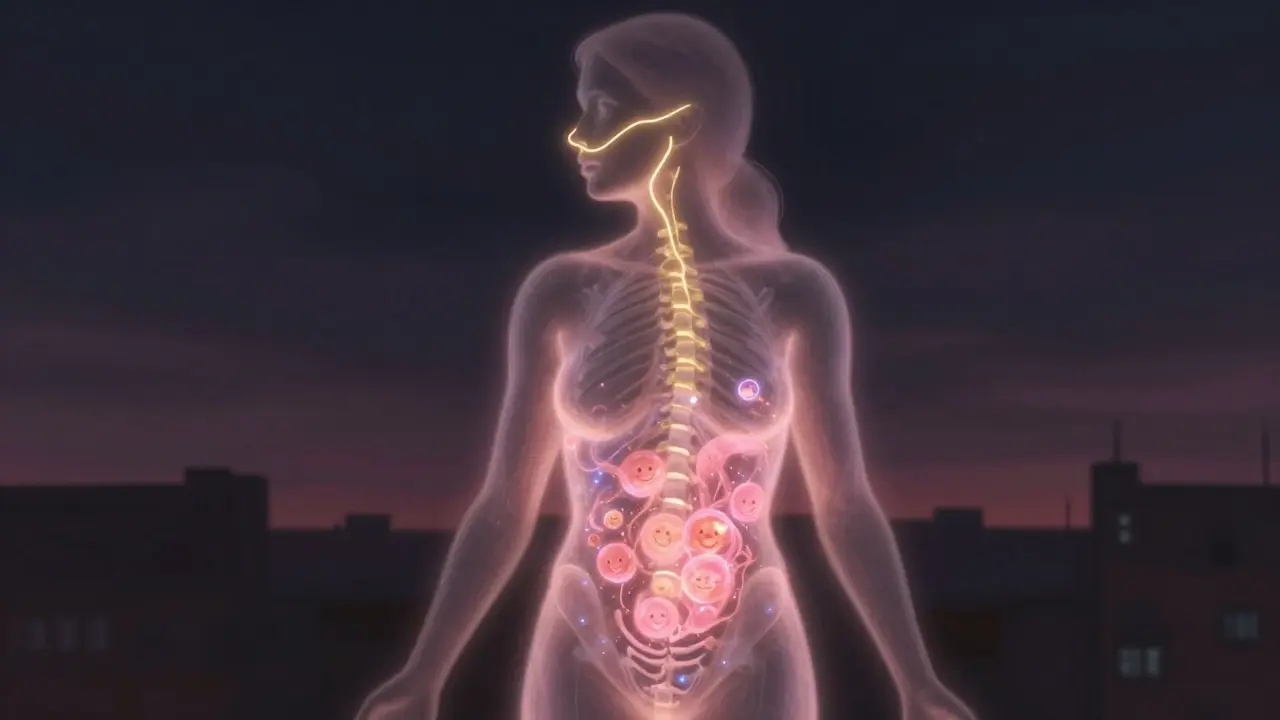 Kontur těla s ozářenou cestou energie od nosu k pánvi a zpět, symbolizující mikroorbit.