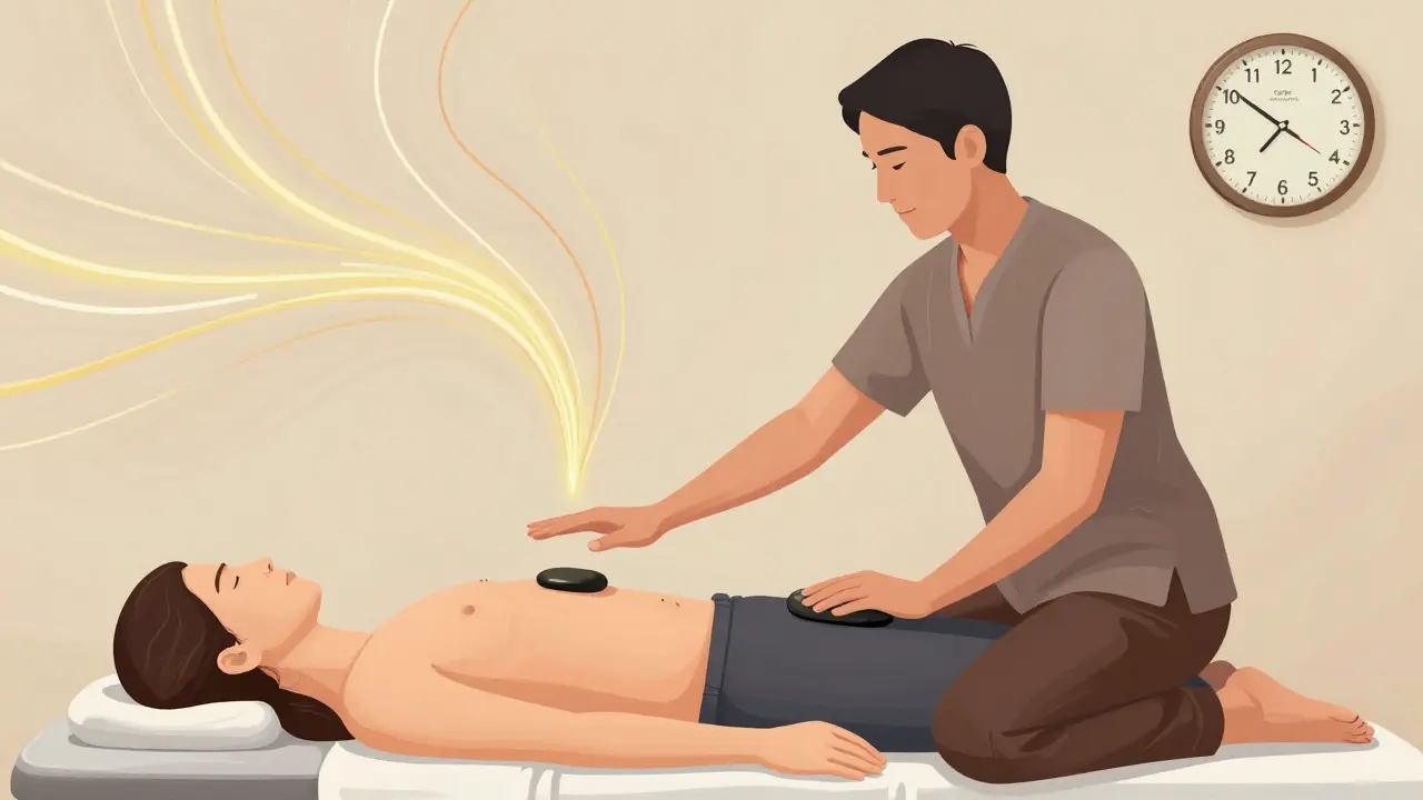 Masérka rukou nechává vzdálenost nad jizvou, zatímco drží teplý kámen, v pozadí hodiny ukazují 12 týdnů.