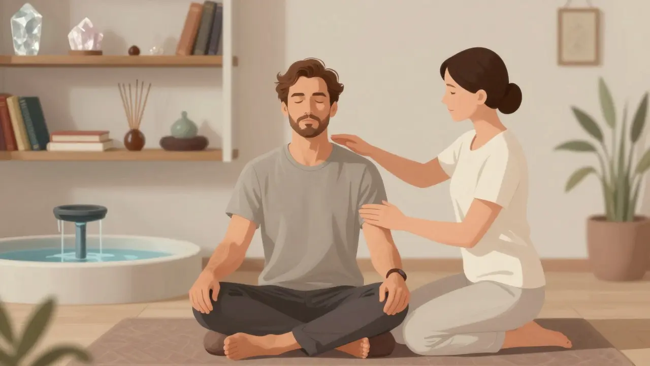 Muž v dýchací meditaci s terapeutem v Atelier Magnolia, okolí s kameny a kadidlem.