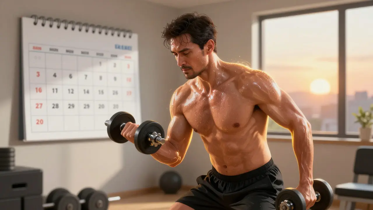 Muž ve věku 40 let dělá silový trénink v domácím posilovně, září mu pot na kůži a kolem svalů je jemné zlaté světlo.