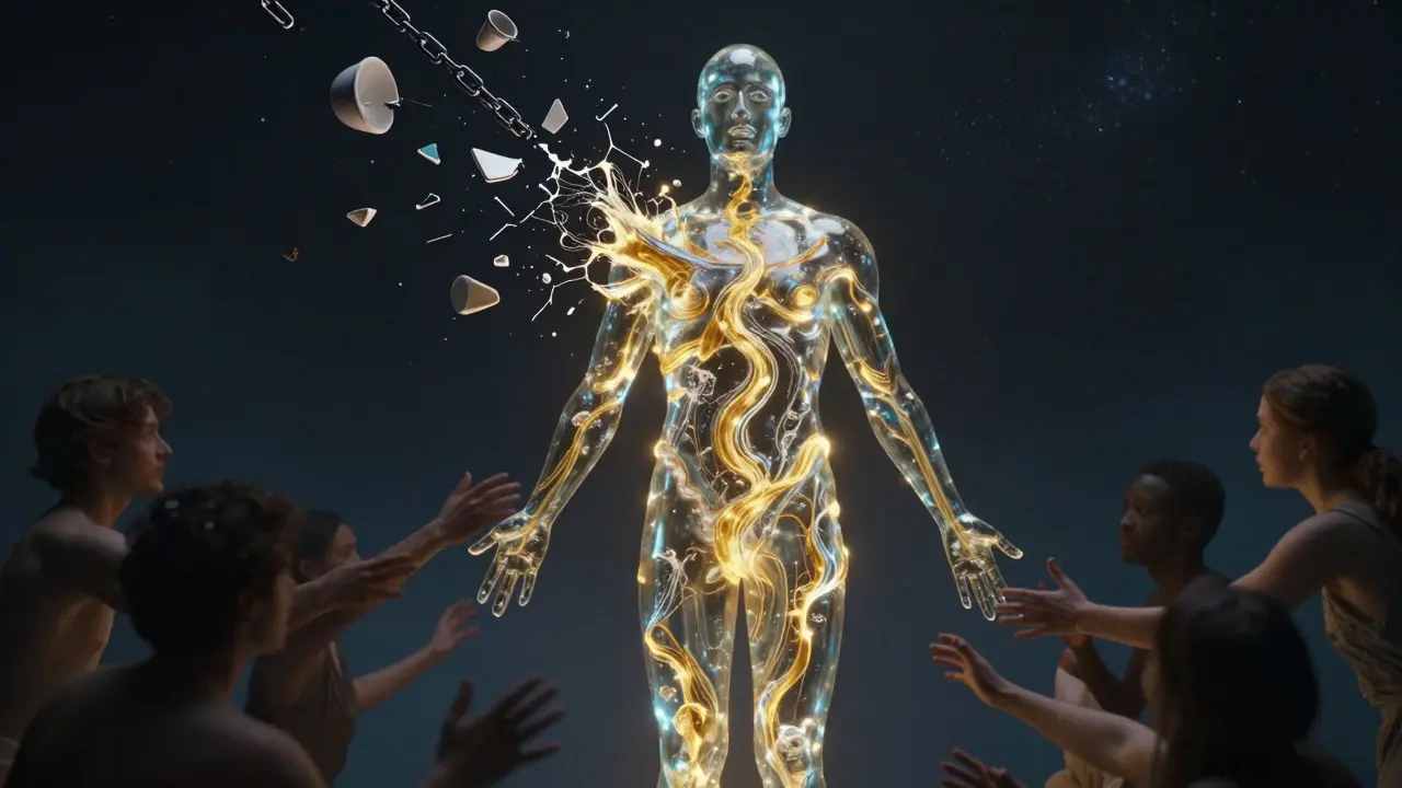 Průhledné tělo vyplněné zlatou energií, řetězy strachu se rozbíjejí, symbolická obrázek osvobození.