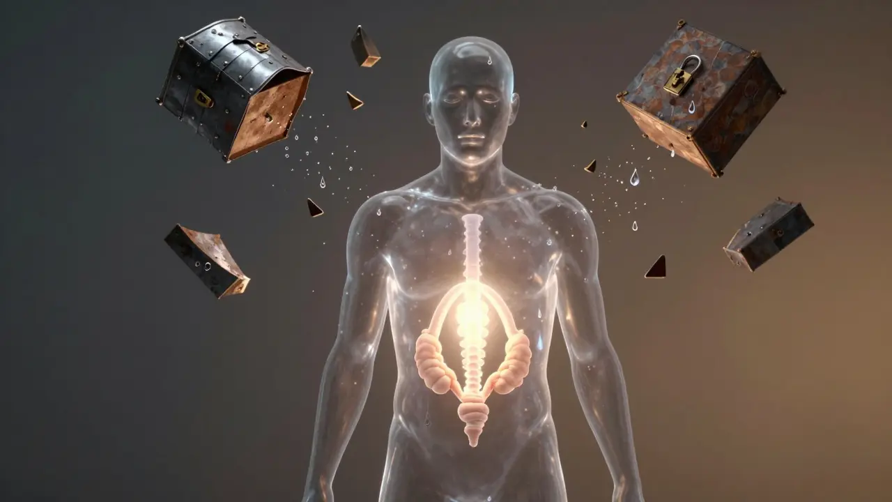 Symbolický obraz muže s rozpadajícími se emocionálními bariérami ve světle.