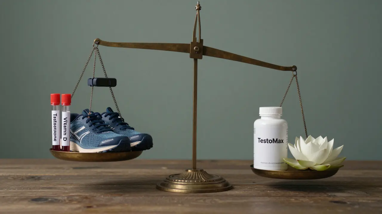 Váha s lékařskými testy, běžeckými tenisky a stoperem na jedné straně, prázdnými doplňky a lotusem na druhé — váha se naklání k zdravým ná habits.