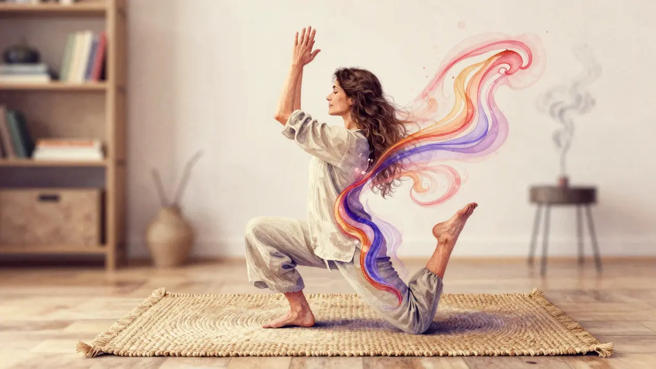Žena v pozici motýlka s proudy energie proudícími z pánve po těle, v klidném interiéru.