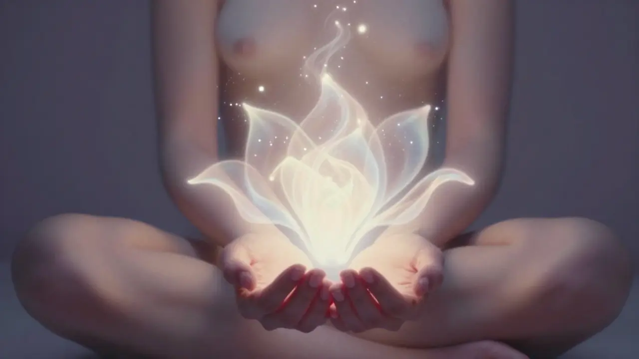 Abstraktní světelná forma jako květ mezi nohama, obklopená jemným zářením.