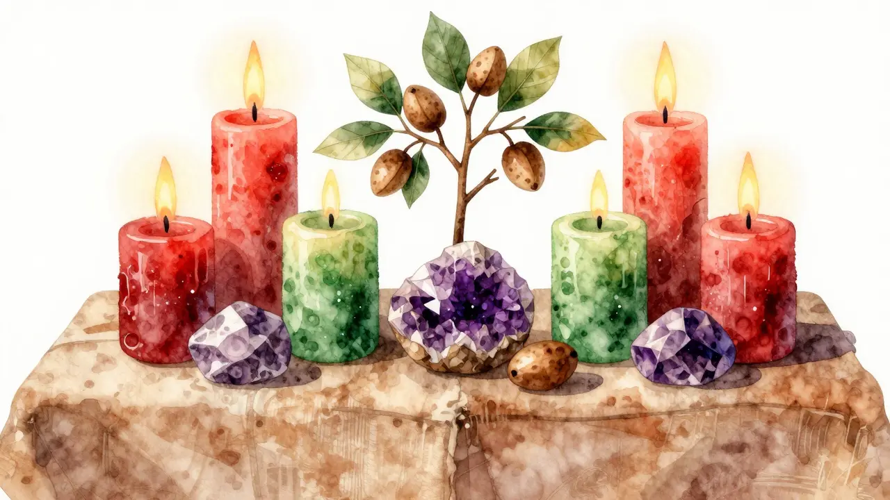 Blízký záběr oltáře s červenou a zelenou svíčkou, kameny a ořešákem na textilní podložce.