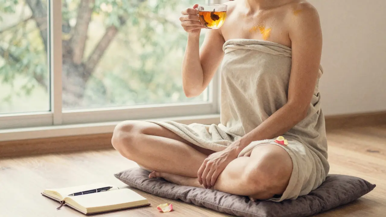 Klient sedí po masáži s čajem, olej je stále na kůži, vedle něj je deník a květ, klidná atmosféra po zážitku.