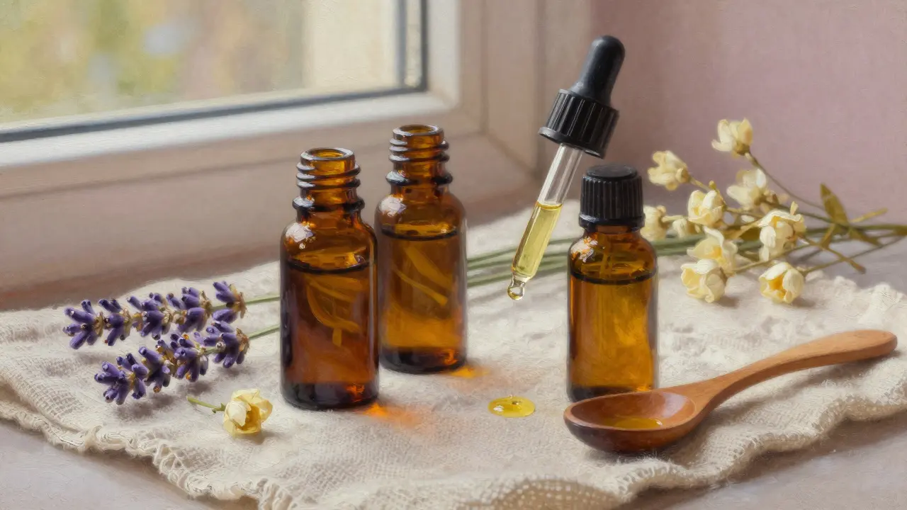 Kombinace esenciálních a nosných olejů připravených pro intimní péči s dropperem a květinami.