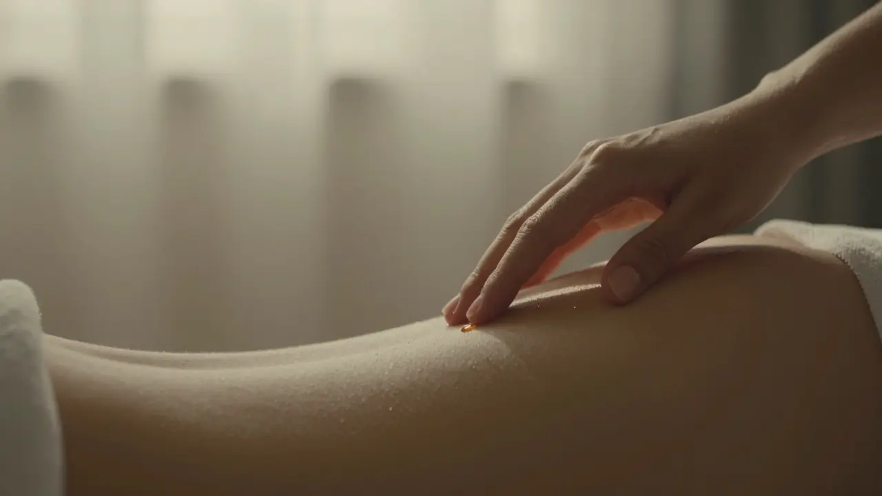 Ruka jemně dotýká stehna ženy, kapka oleje září ve světle svíčky.