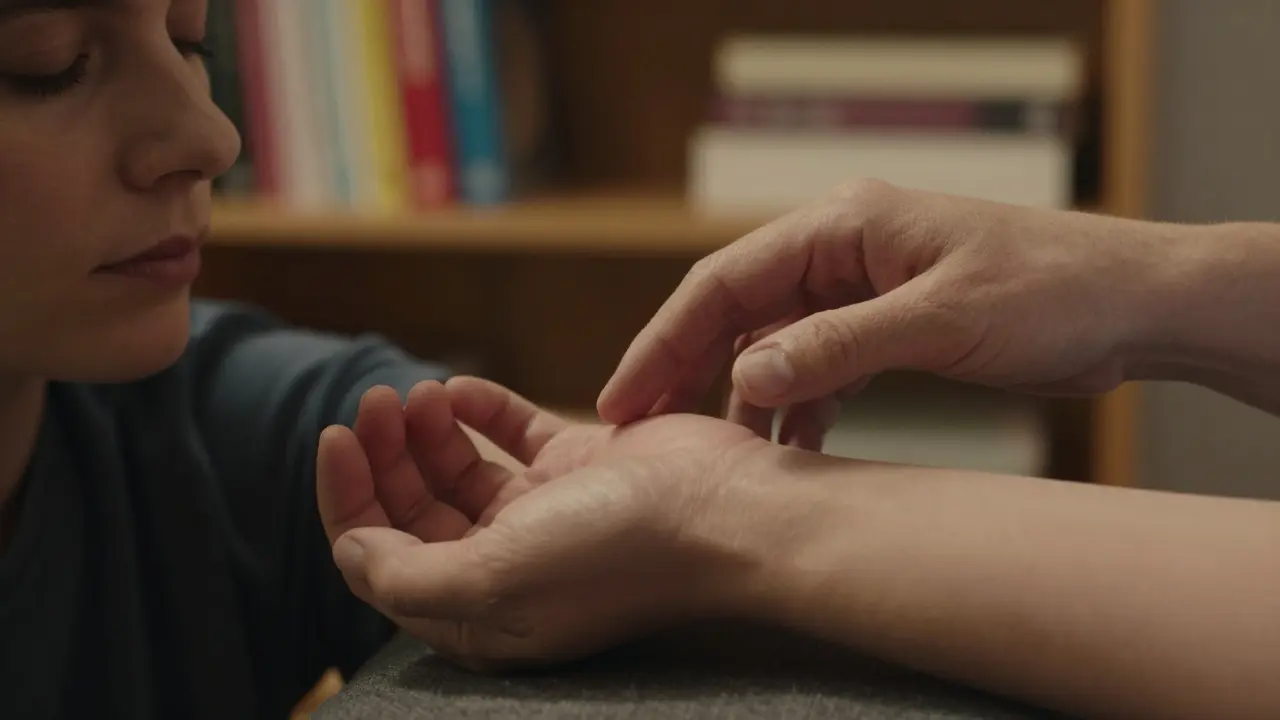 Ruka terapeuty se pomalu přibližuje k paži klienta, ale ne dotýká se — jemné třesky v prstech ukazují tělesnou awareness.