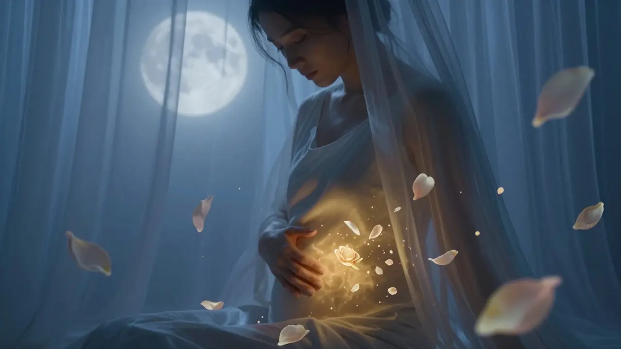 Žena v meditativní pozici, symbolické zlaté světlo vyjadřuje emocionální uvolnění.