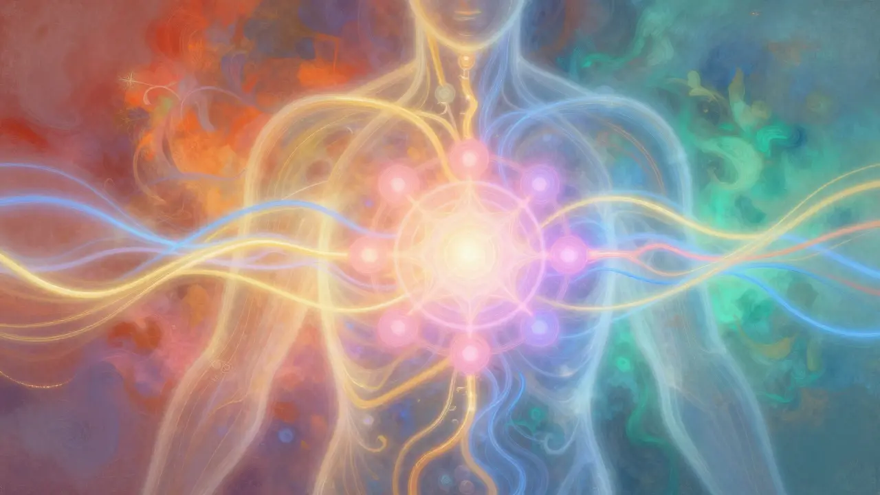 Abstraktní energie a barevné proudění symbolizující vnitřní rovnováhu