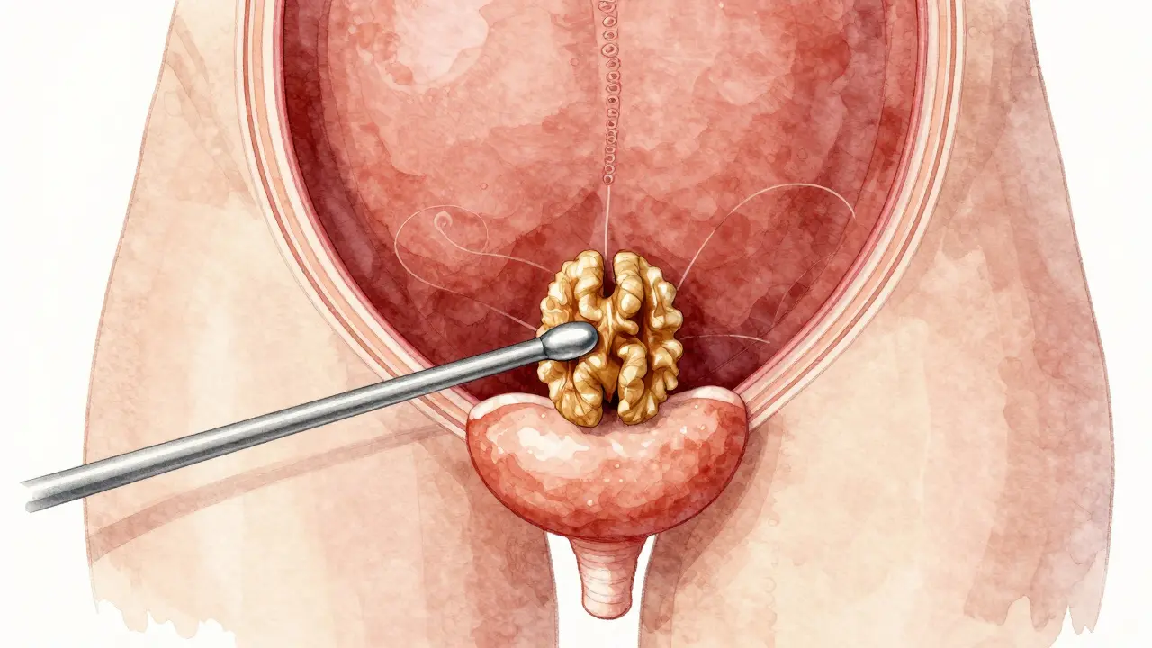 Anatomický náčrt ukazující polohu prostaty a jemnou stimulaci pomocí anální pomůcky.