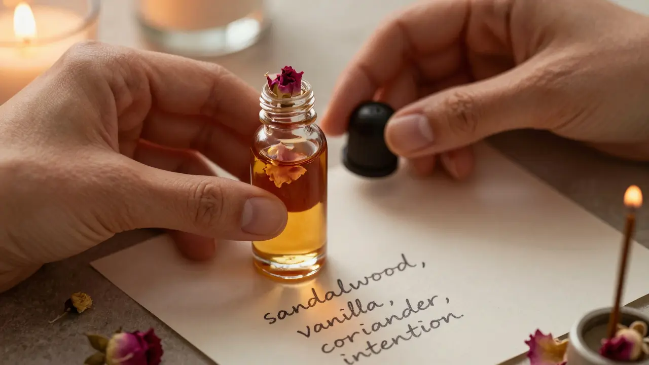 Detail ruky držící přírodní masážní olej s růžovými a jasmínovými květy a ručně psaným seznamem složek.