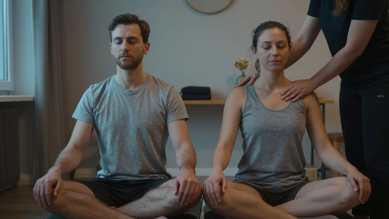 Dvojice společně obdrží tantrickou masáž v moderním prostředí, jejich ruce se jemně dotýkají, vyjadřují spojení.