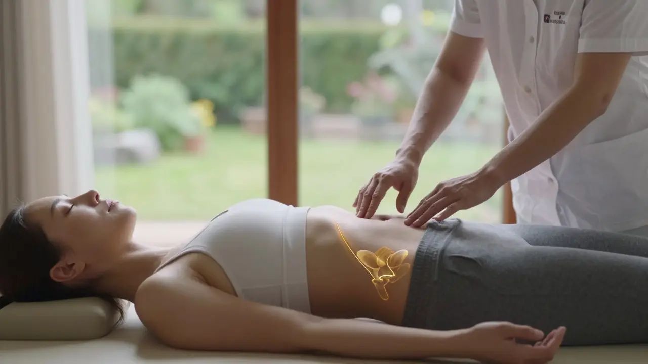 Fyzioterapeutka jemně cílí na dolní břicho klientky, která leží v klidné poloze, symbolické záře spojuje dech a pánevní dno.