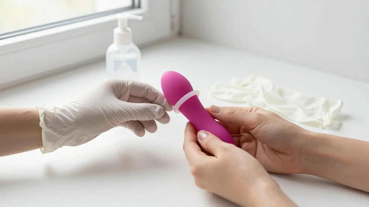 Hygienické vybavení pro bezpečnou masáž prostaty: kolík s kondomem, lubrikant a rukavice na čistém povrchu.