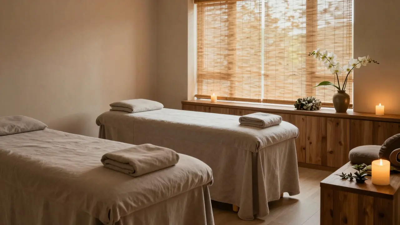 Klidná místnost pro wellness s čerstvými květy po terapii