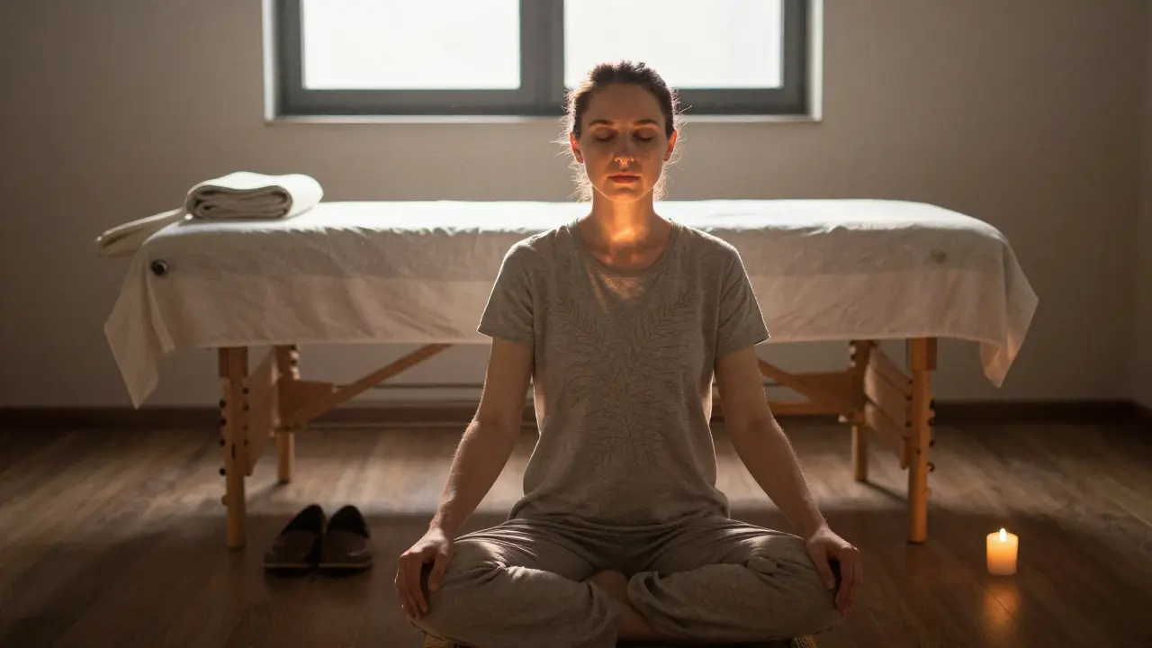 Klient po tantrické masáži sedí v meditaci s příznakem hlubokého vnitřního klidu a světla v místnosti.
